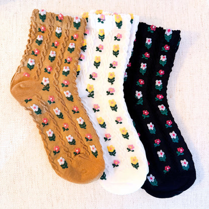 Floral Knit Crew Socks in Black