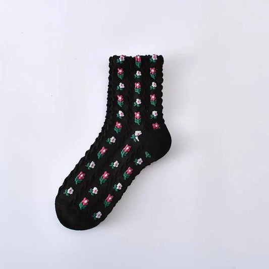 Floral Knit Crew Socks in Black