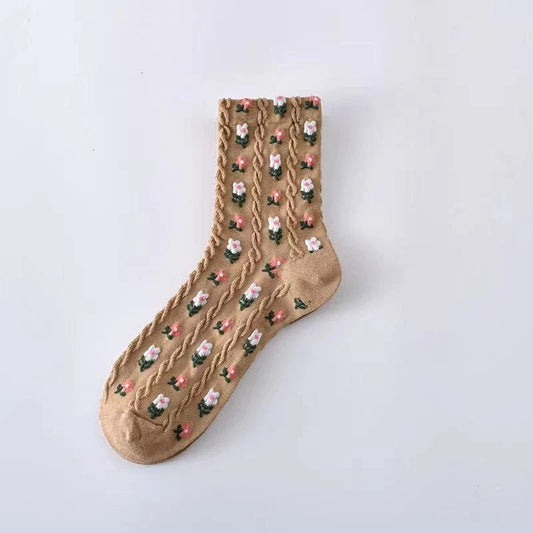 Floral Knit Crew Socks in Brown