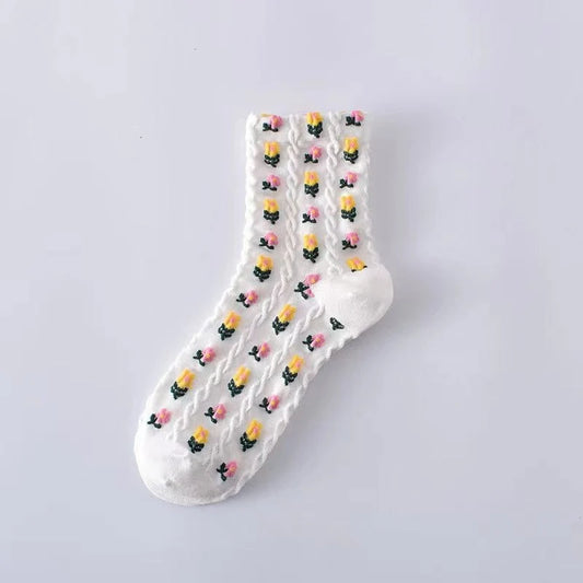 Floral Knit Crew Socks in White