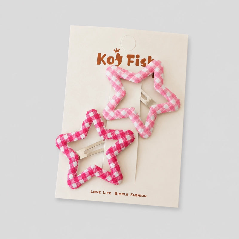 Pink Gingham Star Hair Clips